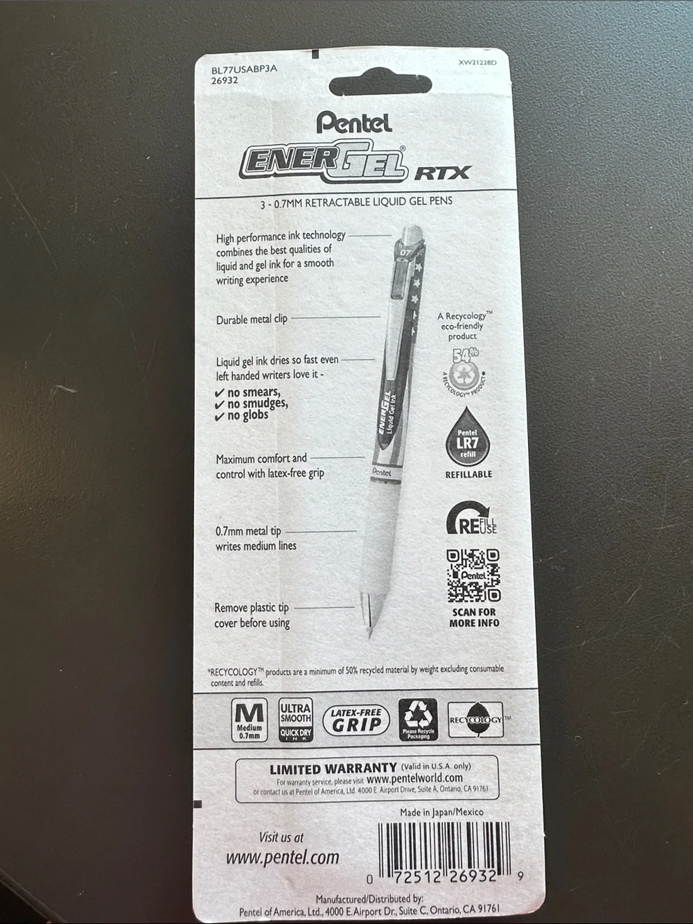 Pentel: Refillable EnerGel RTX Stars & Stripes Black Gel Pens, 3-Pack 🇺🇸